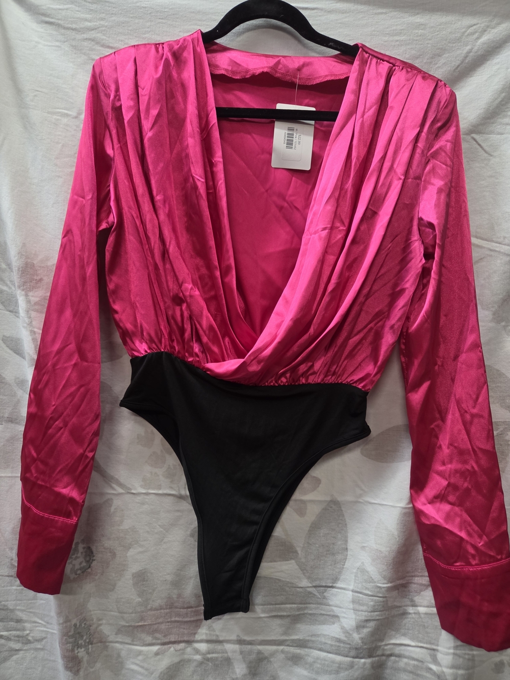 Fuchsia Draped Deep V Long-Sleeve Bodysuit